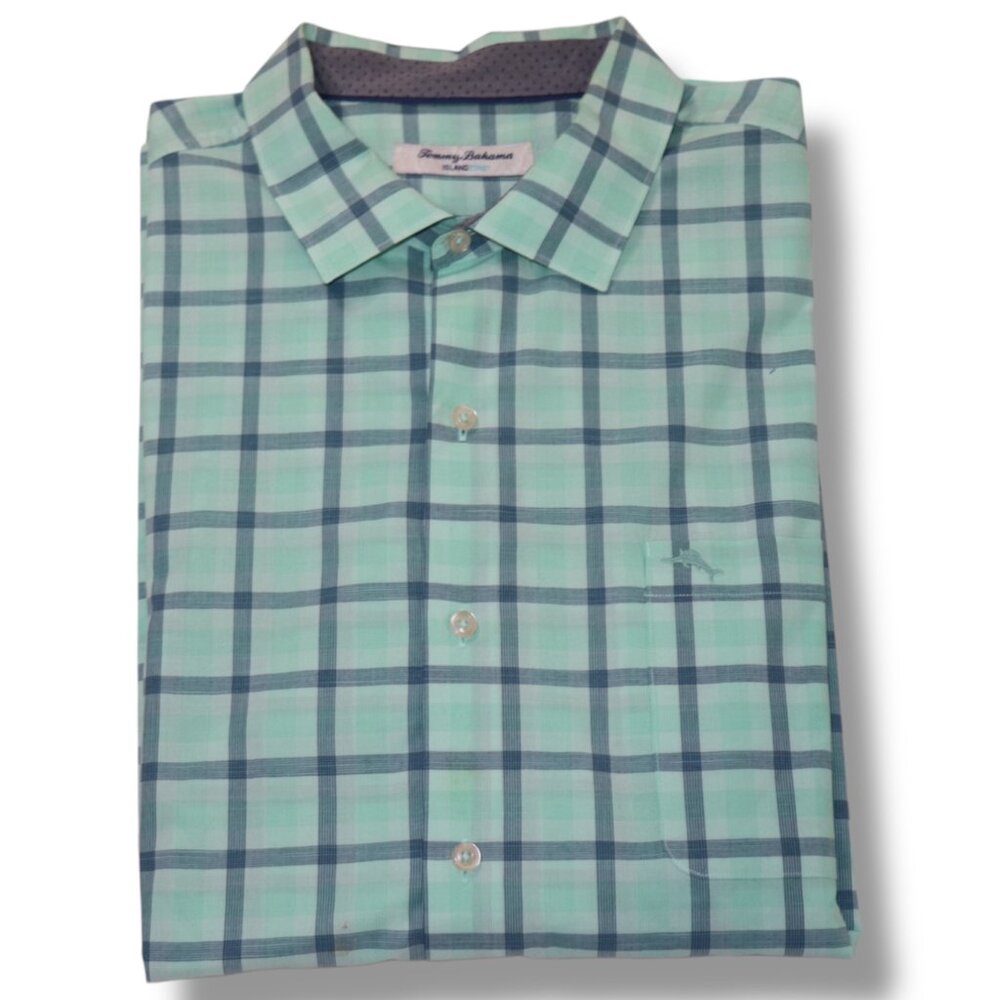 Tommy Bahama Mens Plaid Sport Shirt Green Blue XXL